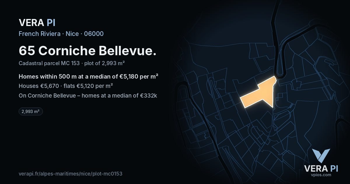 65 Corniche Bellevue, Nice at night – the plot lit, the parcels around coloured by the prices near them