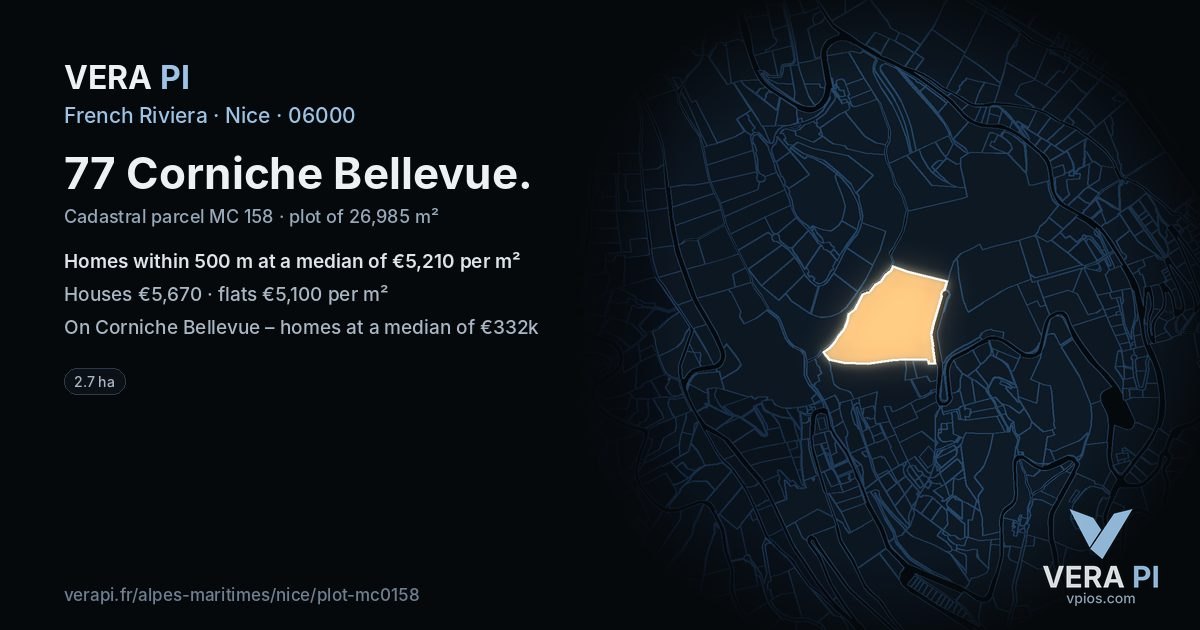 77 Corniche Bellevue, Nice at night – the plot lit, the parcels around coloured by the prices near them