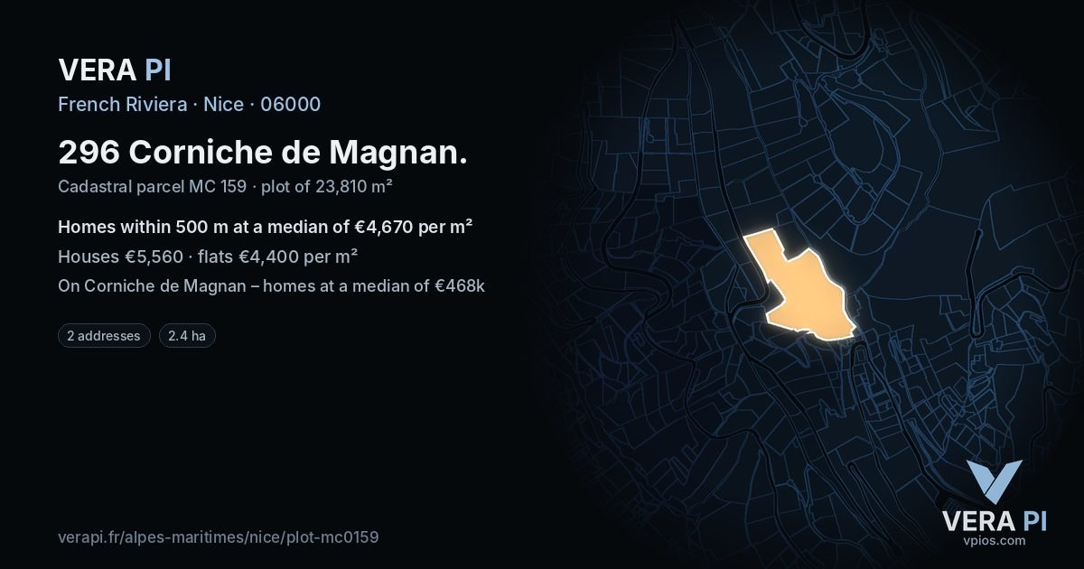 296 Corniche de Magnan, Nice at night – the plot lit, the parcels around coloured by the prices near them