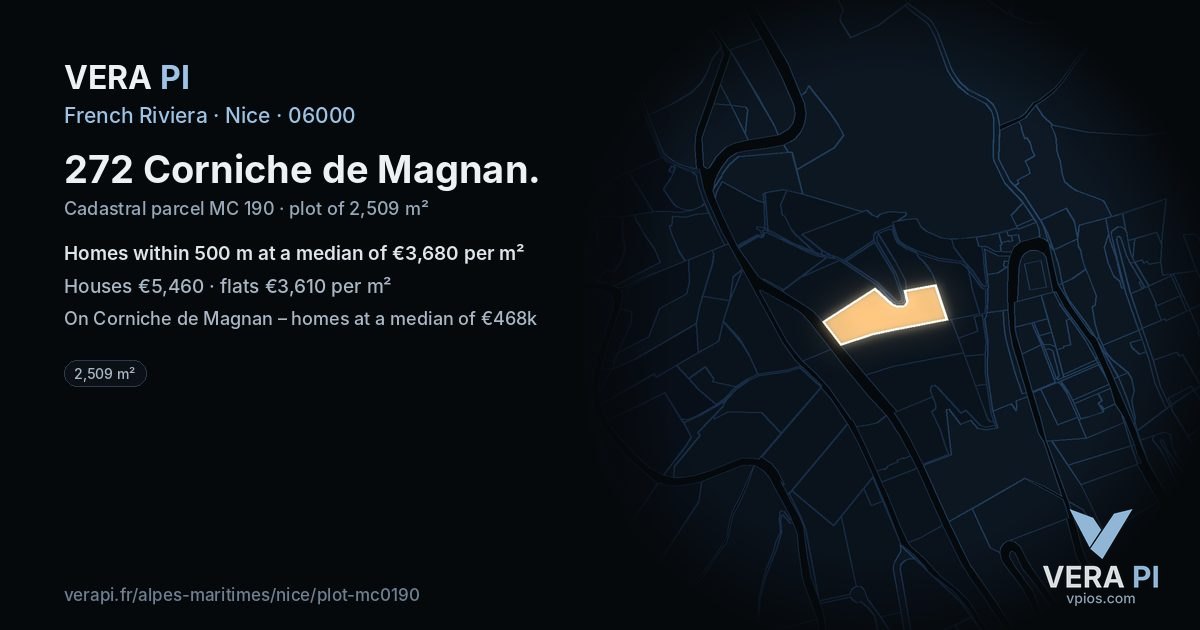 272 Corniche de Magnan, Nice at night – the plot lit, the parcels around coloured by the prices near them