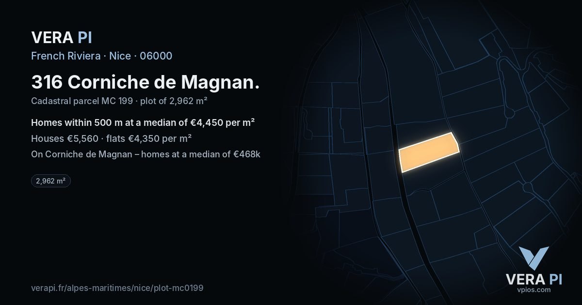 316 Corniche de Magnan, Nice at night – the plot lit, the parcels around coloured by the prices near them