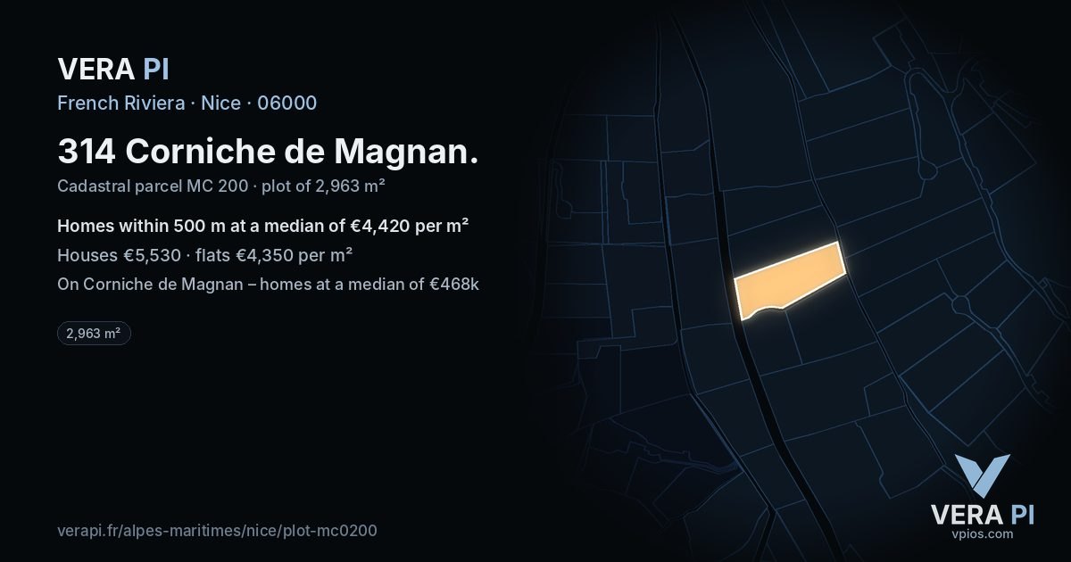 314 Corniche de Magnan, Nice at night – the plot lit, the parcels around coloured by the prices near them