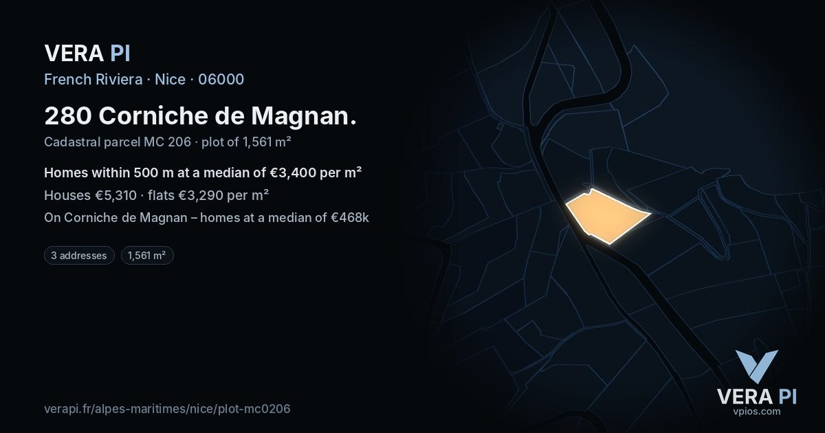 280 Corniche de Magnan, Nice at night – the plot lit, the parcels around coloured by the prices near them