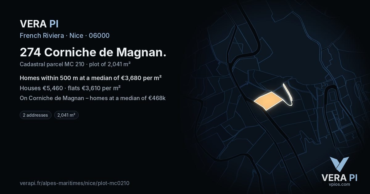 274 Corniche de Magnan, Nice at night – the plot lit, the parcels around coloured by the prices near them