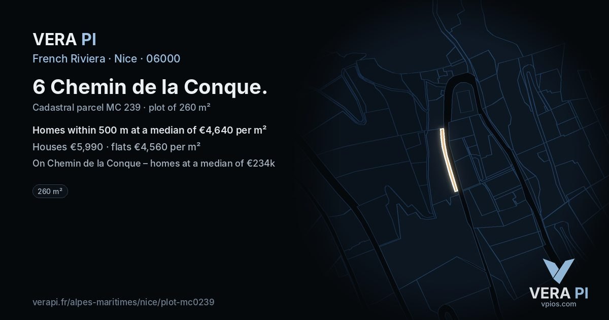 6 Chemin de la Conque, Nice at night – the plot lit, the parcels around coloured by the prices near them