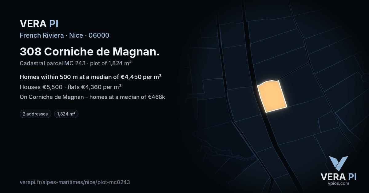 308 Corniche de Magnan, Nice at night – the plot lit, the parcels around coloured by the prices near them