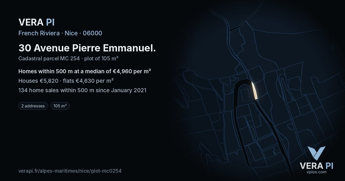 30 Avenue Pierre Emmanuel, Nice at night – the plot lit, the parcels around coloured by the prices near them