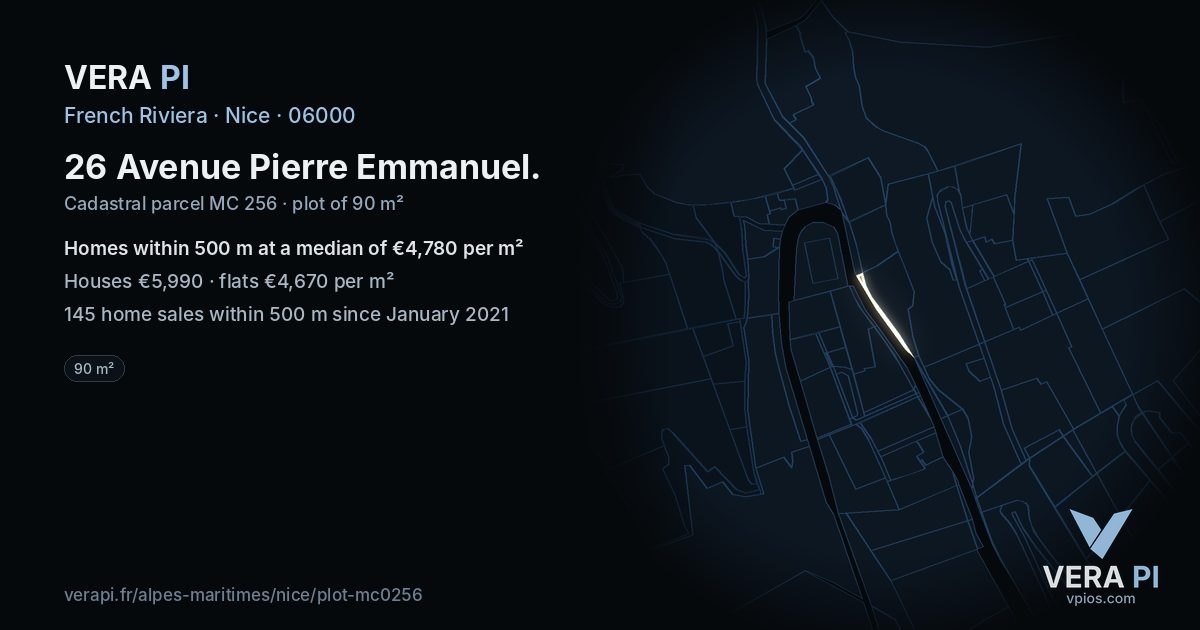 26 Avenue Pierre Emmanuel, Nice at night – the plot lit, the parcels around coloured by the prices near them