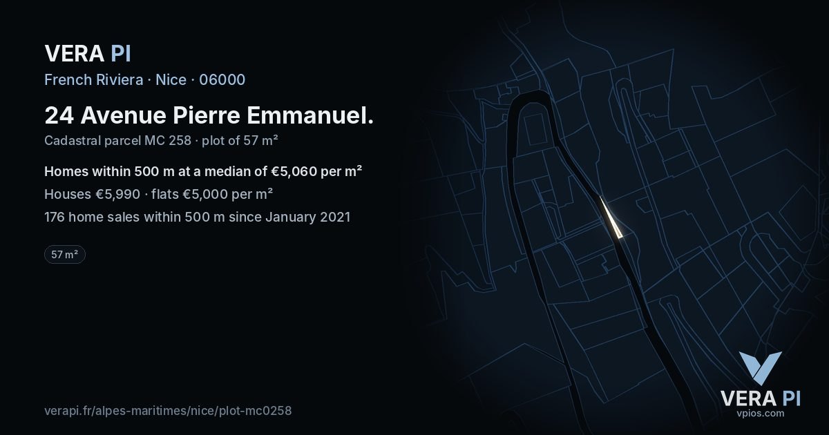 24 Avenue Pierre Emmanuel, Nice at night – the plot lit, the parcels around coloured by the prices near them