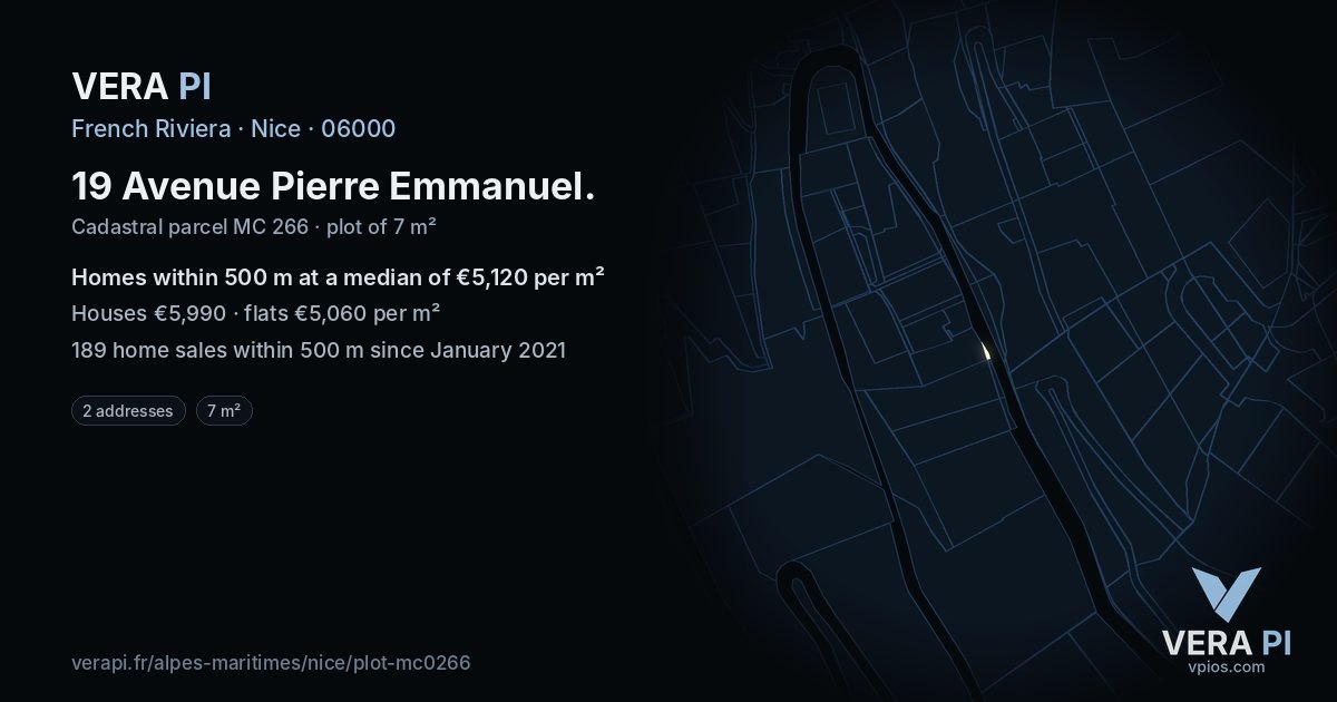 19 Avenue Pierre Emmanuel, Nice at night – the plot lit, the parcels around coloured by the prices near them