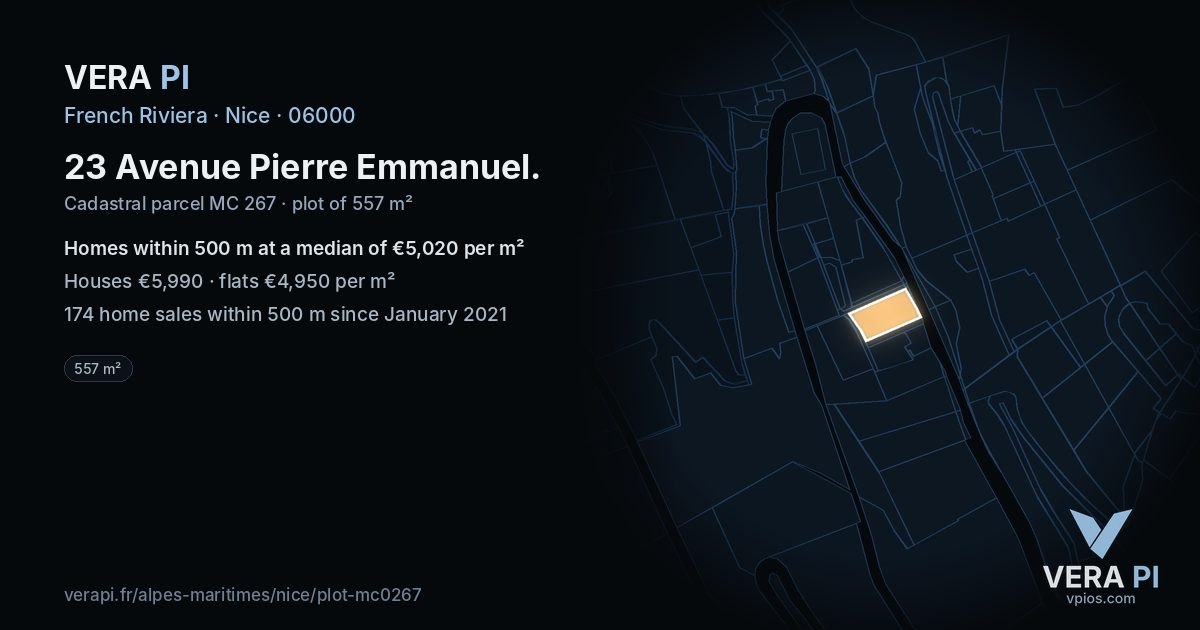 23 Avenue Pierre Emmanuel, Nice at night – the plot lit, the parcels around coloured by the prices near them