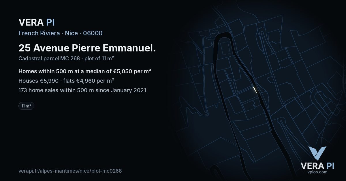25 Avenue Pierre Emmanuel, Nice at night – the plot lit, the parcels around coloured by the prices near them
