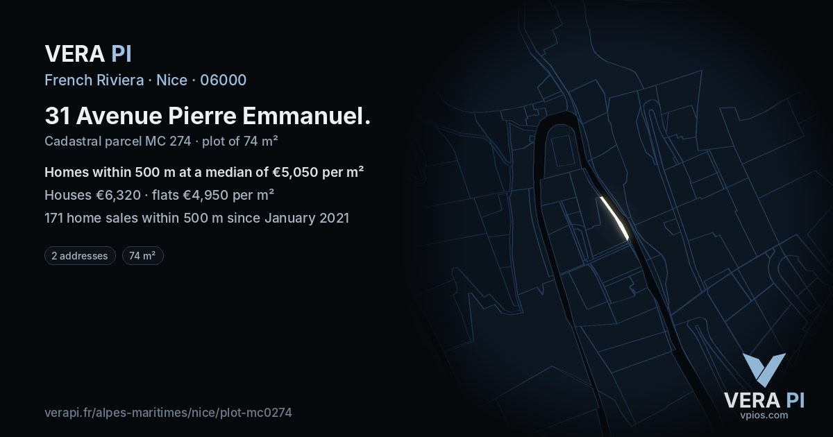 31 Avenue Pierre Emmanuel, Nice at night – the plot lit, the parcels around coloured by the prices near them