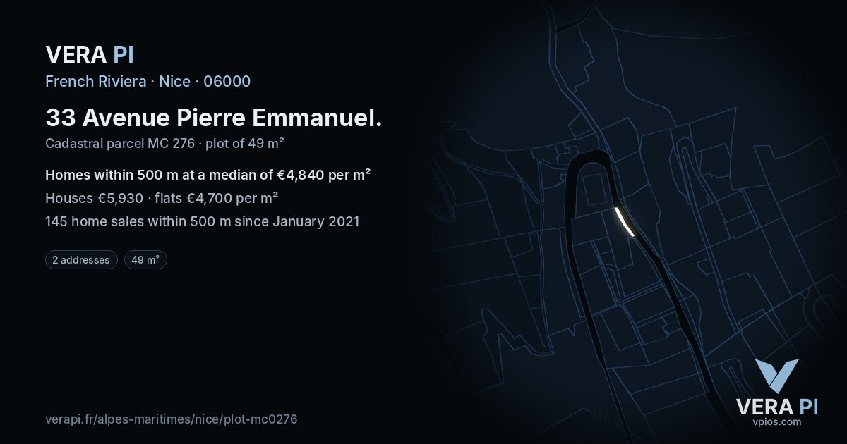 33 Avenue Pierre Emmanuel, Nice at night – the plot lit, the parcels around coloured by the prices near them