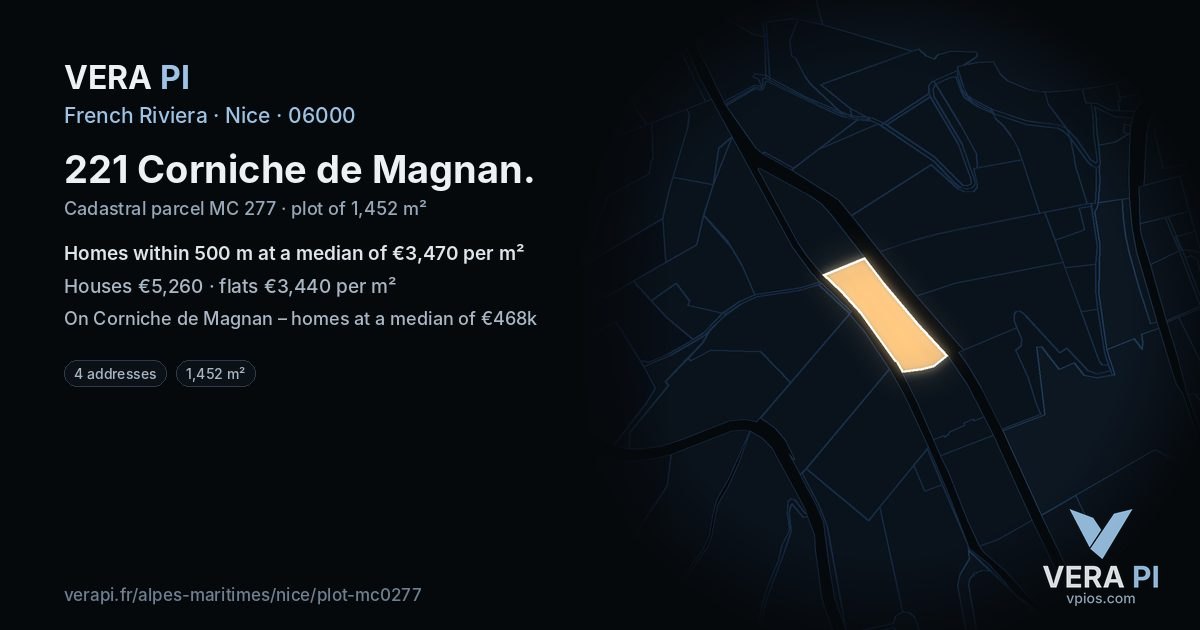 221 Corniche de Magnan, Nice at night – the plot lit, the parcels around coloured by the prices near them