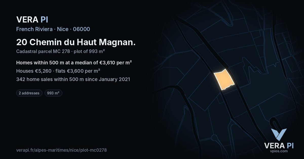 20 Chemin du Haut Magnan, Nice at night – the plot lit, the parcels around coloured by the prices near them