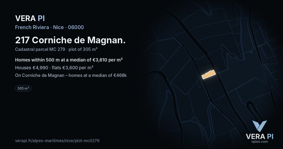 217 Corniche de Magnan, Nice at night – the plot lit, the parcels around coloured by the prices near them