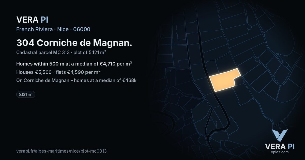 304 Corniche de Magnan, Nice at night – the plot lit, the parcels around coloured by the prices near them