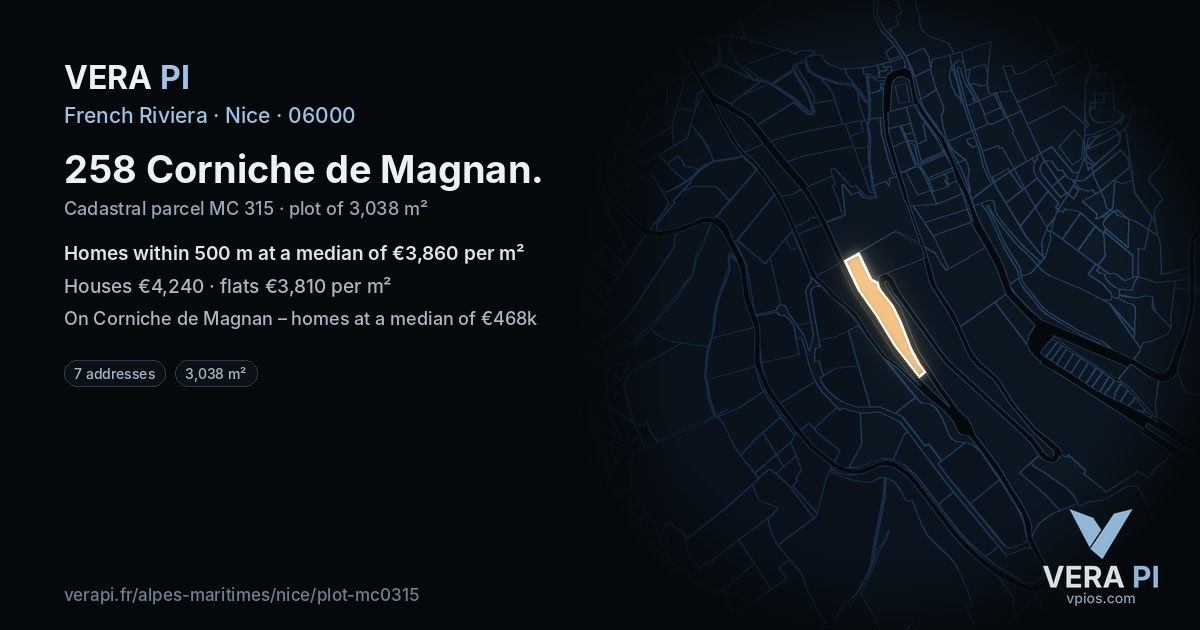 258 Corniche de Magnan, Nice at night – the plot lit, the parcels around coloured by the prices near them