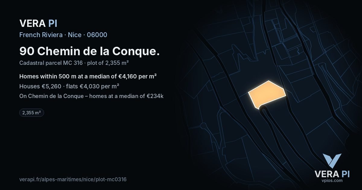 90 Chemin de la Conque, Nice at night – the plot lit, the parcels around coloured by the prices near them
