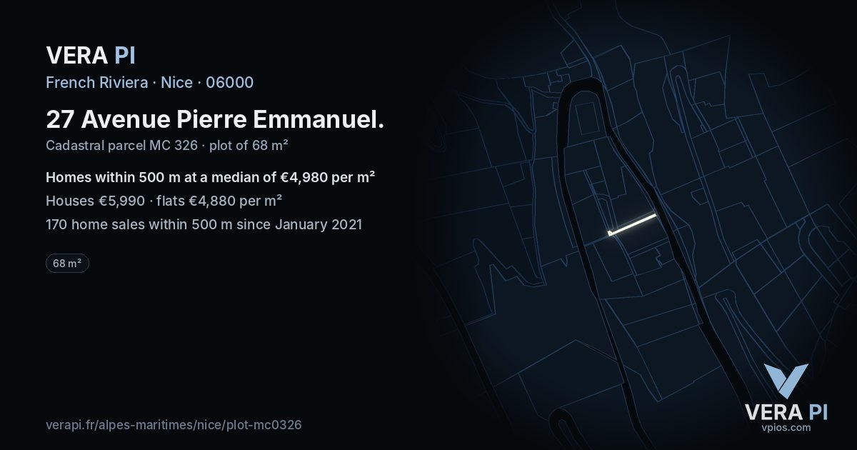 27 Avenue Pierre Emmanuel, Nice at night – the plot lit, the parcels around coloured by the prices near them