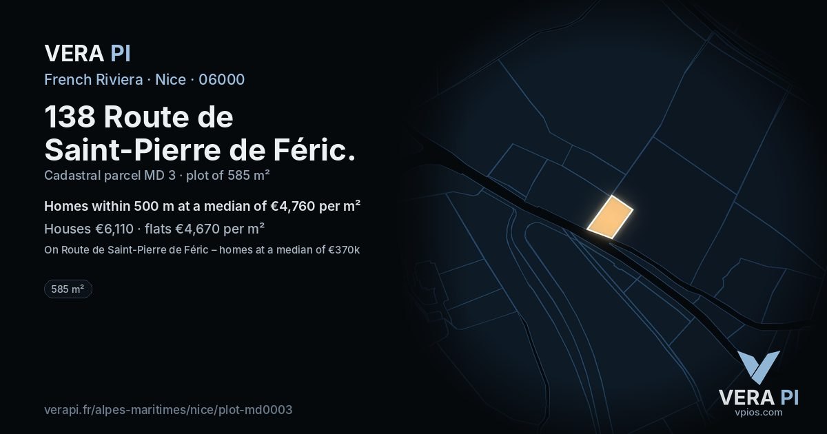 138 Route de Saint-Pierre de Féric, Nice at night – the plot lit, the parcels around coloured by the prices near them