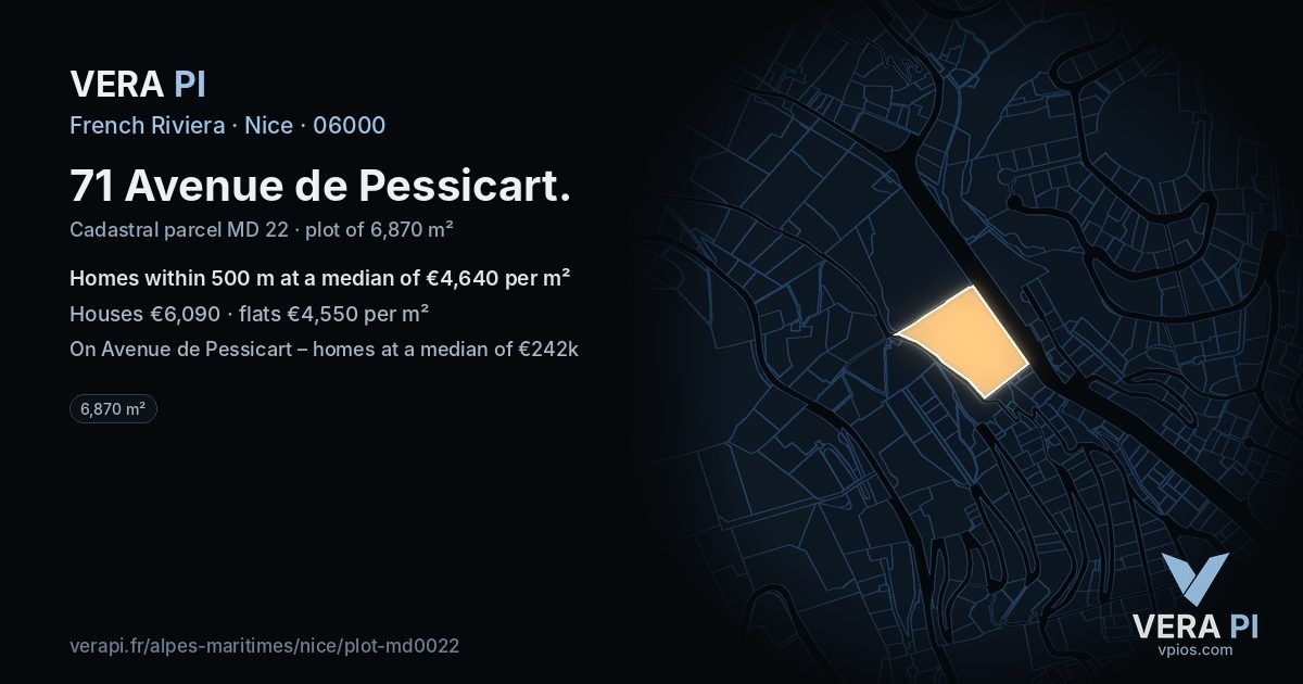 71 Avenue de Pessicart, Nice at night – the plot lit, the parcels around coloured by the prices near them