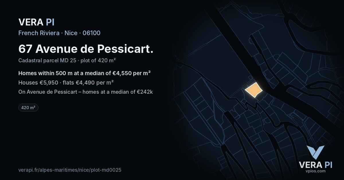 67 Avenue de Pessicart, Nice at night – the plot lit, the parcels around coloured by the prices near them