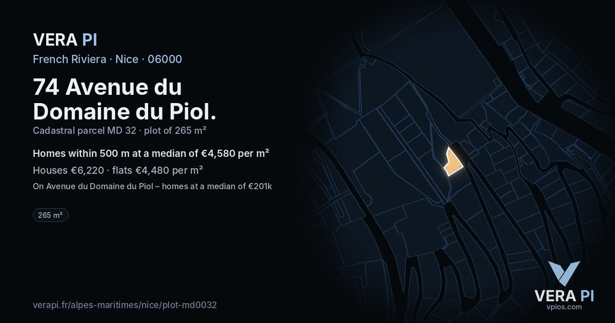 74 Avenue du Domaine du Piol, Nice at night – the plot lit, the parcels around coloured by the prices near them