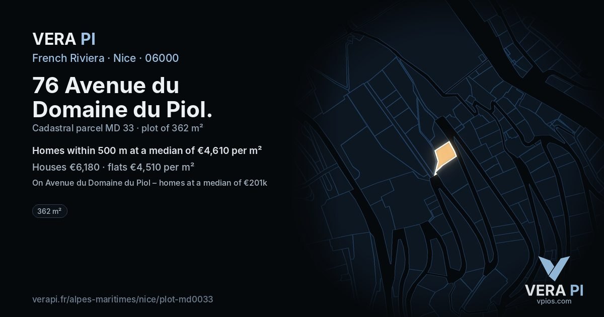 76 Avenue du Domaine du Piol, Nice at night – the plot lit, the parcels around coloured by the prices near them