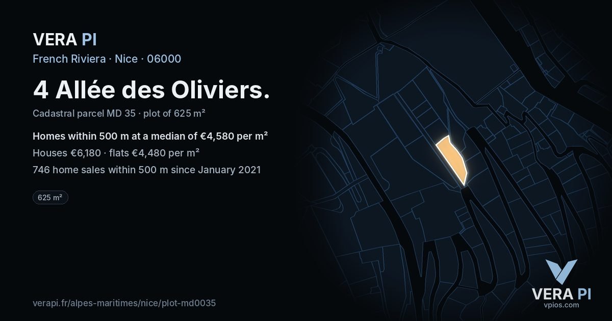 4 Allée des Oliviers, Nice at night – the plot lit, the parcels around coloured by the prices near them