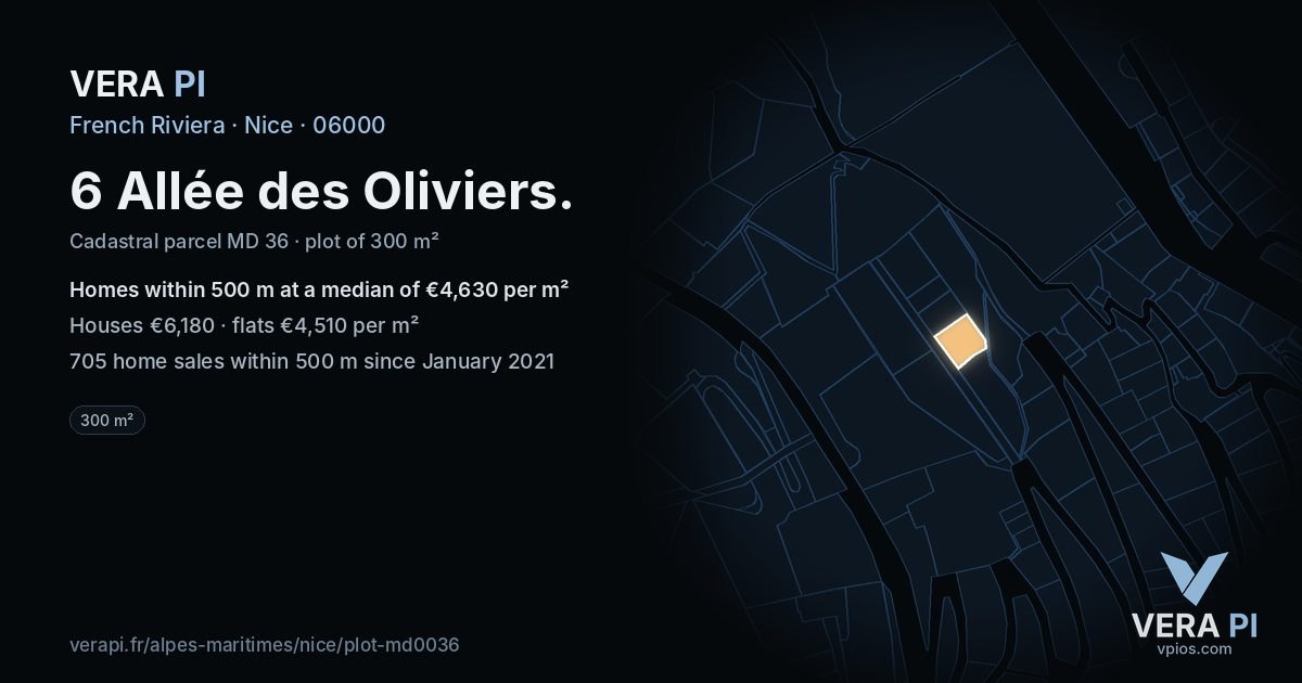 6 Allée des Oliviers, Nice at night – the plot lit, the parcels around coloured by the prices near them