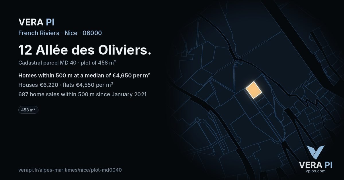 12 Allée des Oliviers, Nice at night – the plot lit, the parcels around coloured by the prices near them