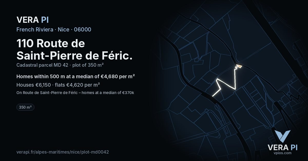 110 Route de Saint-Pierre de Féric, Nice at night – the plot lit, the parcels around coloured by the prices near them