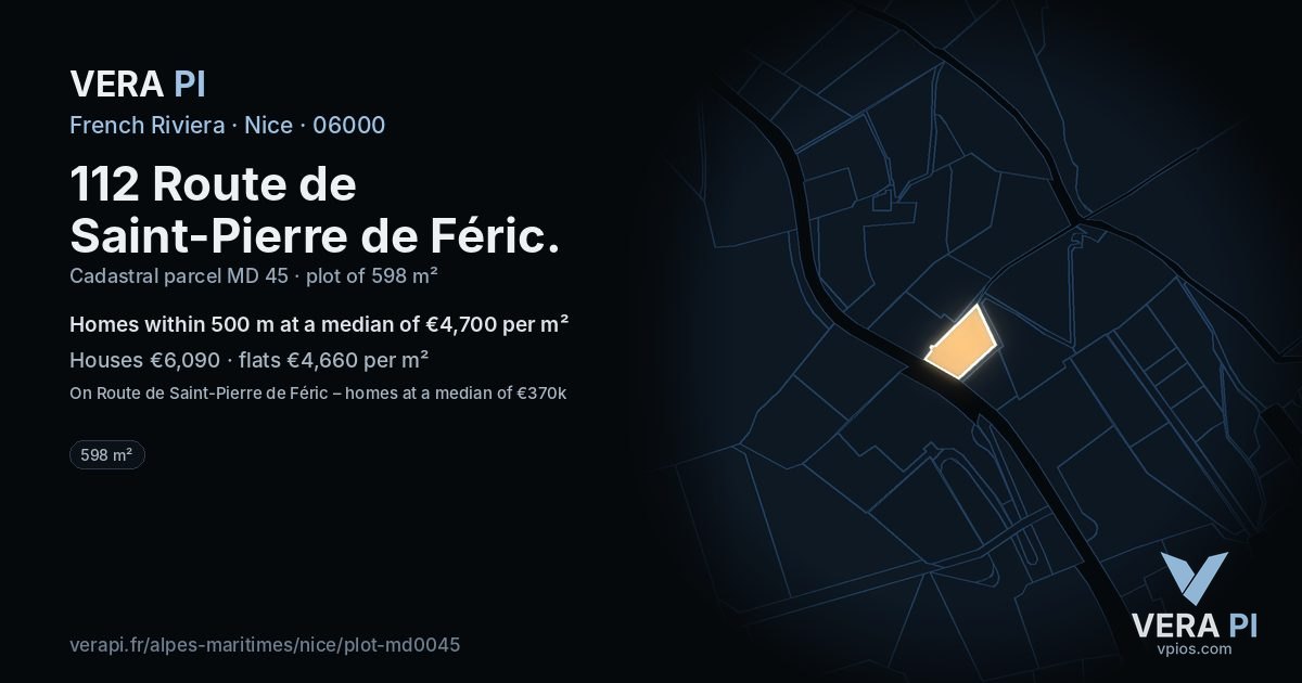 112 Route de Saint-Pierre de Féric, Nice at night – the plot lit, the parcels around coloured by the prices near them