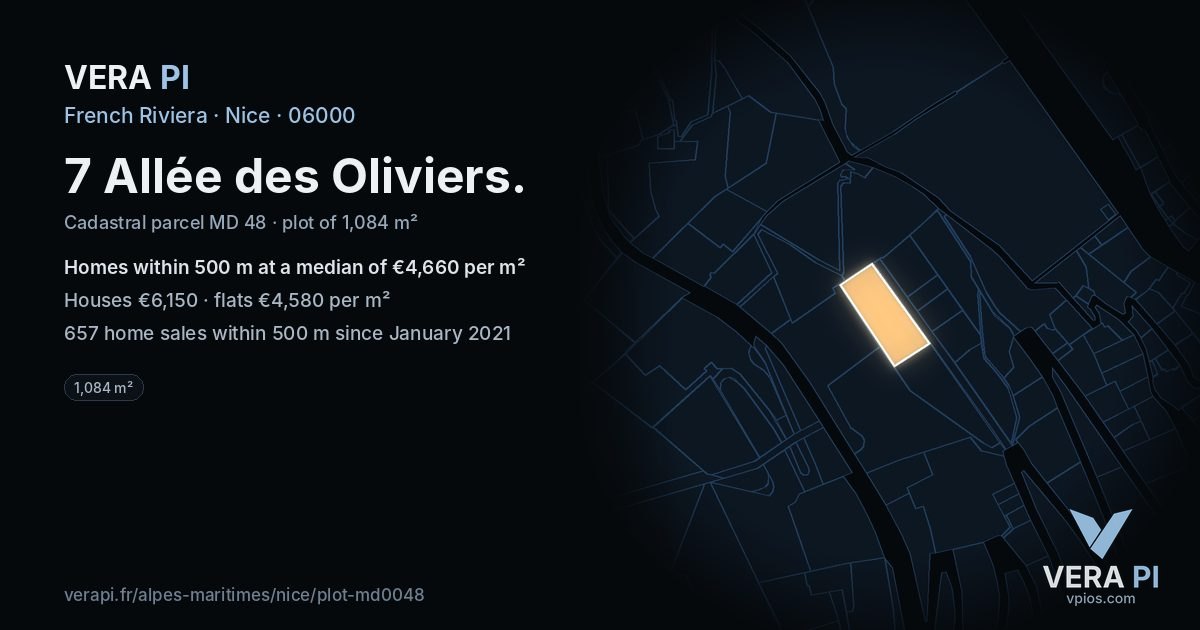 7 Allée des Oliviers, Nice at night – the plot lit, the parcels around coloured by the prices near them