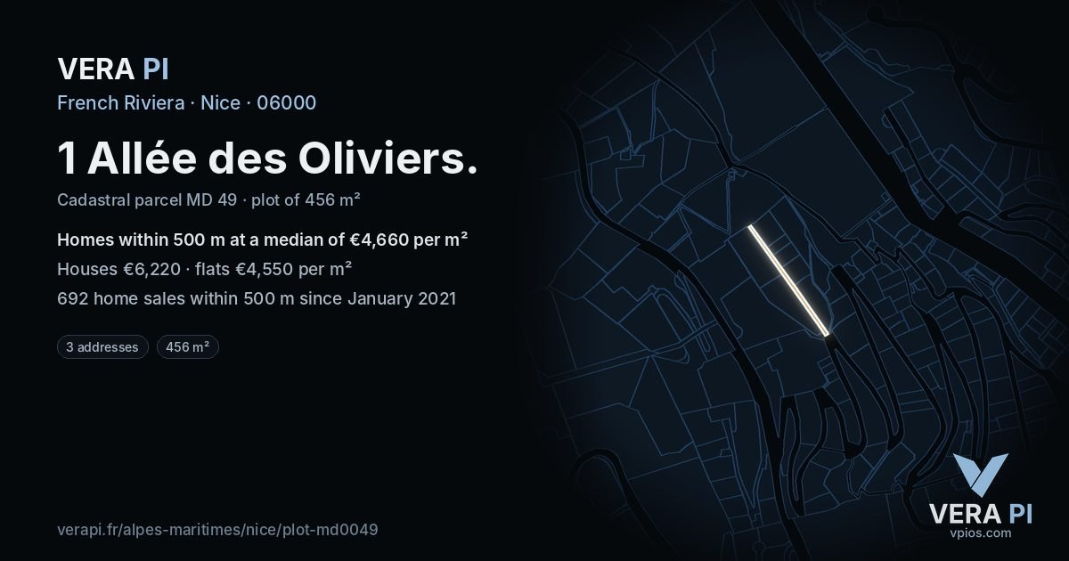 1 Allée des Oliviers, Nice at night – the plot lit, the parcels around coloured by the prices near them