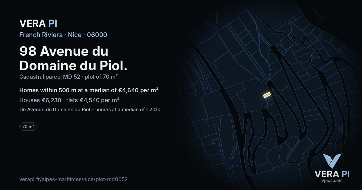 98 Avenue du Domaine du Piol, Nice at night – the plot lit, the parcels around coloured by the prices near them