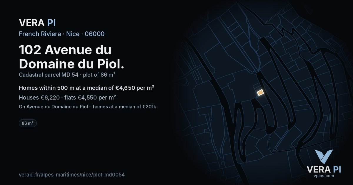 102 Avenue du Domaine du Piol, Nice at night – the plot lit, the parcels around coloured by the prices near them