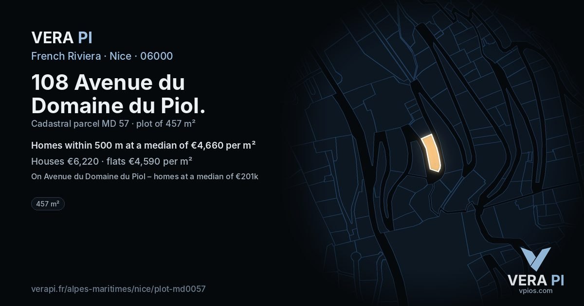 108 Avenue du Domaine du Piol, Nice at night – the plot lit, the parcels around coloured by the prices near them