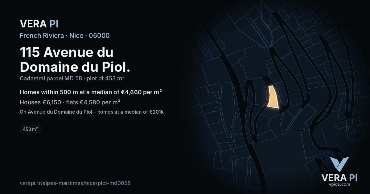 115 Avenue du Domaine du Piol, Nice at night – the plot lit, the parcels around coloured by the prices near them