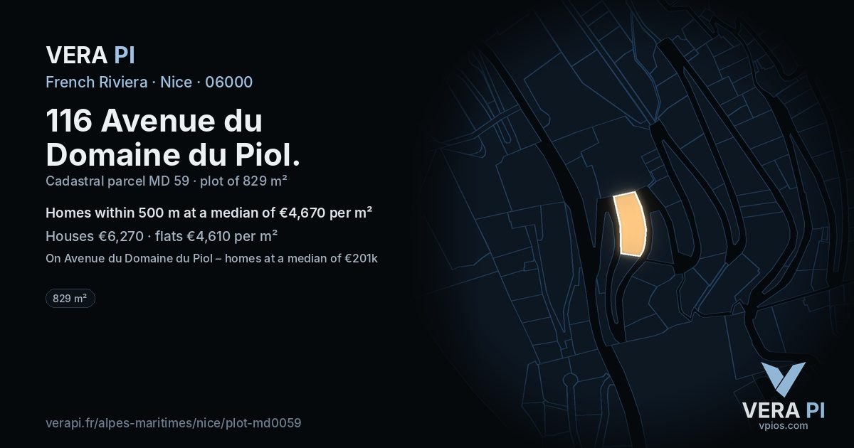 116 Avenue du Domaine du Piol, Nice at night – the plot lit, the parcels around coloured by the prices near them