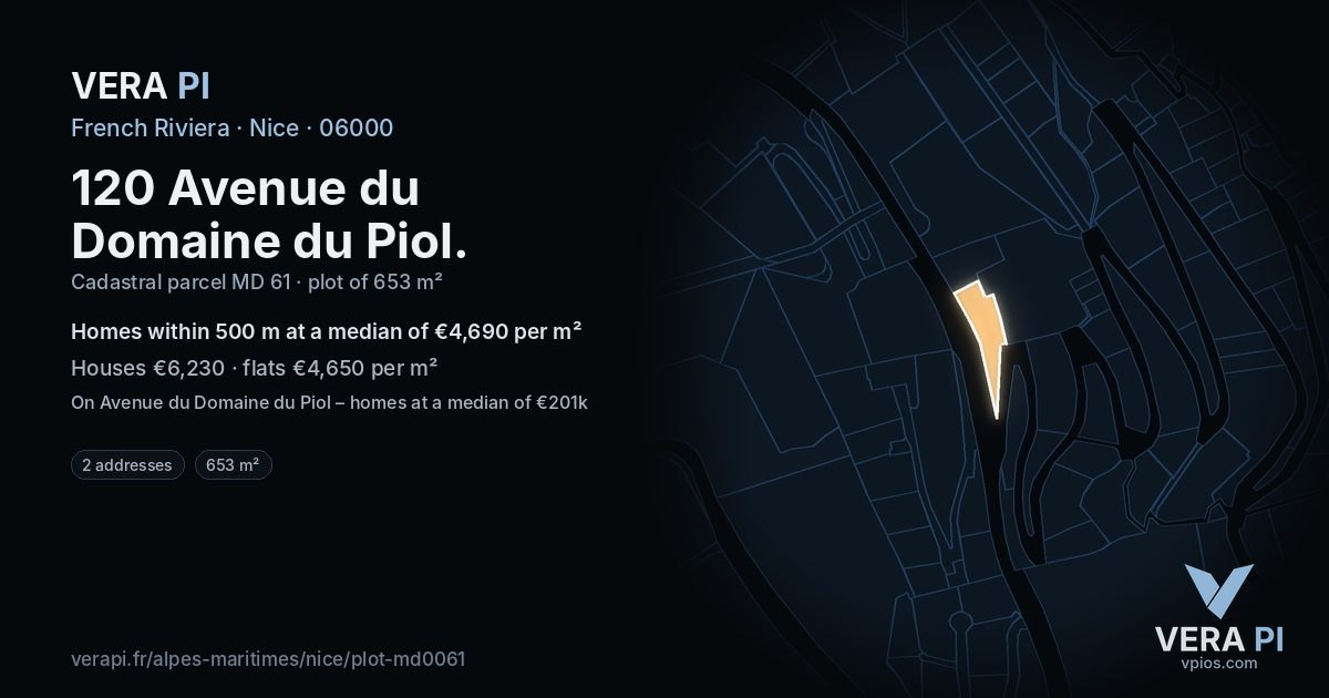 120 Avenue du Domaine du Piol, Nice at night – the plot lit, the parcels around coloured by the prices near them