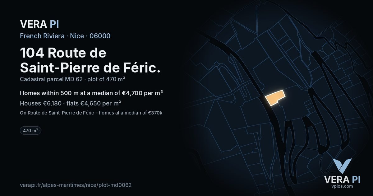 104 Route de Saint-Pierre de Féric, Nice at night – the plot lit, the parcels around coloured by the prices near them