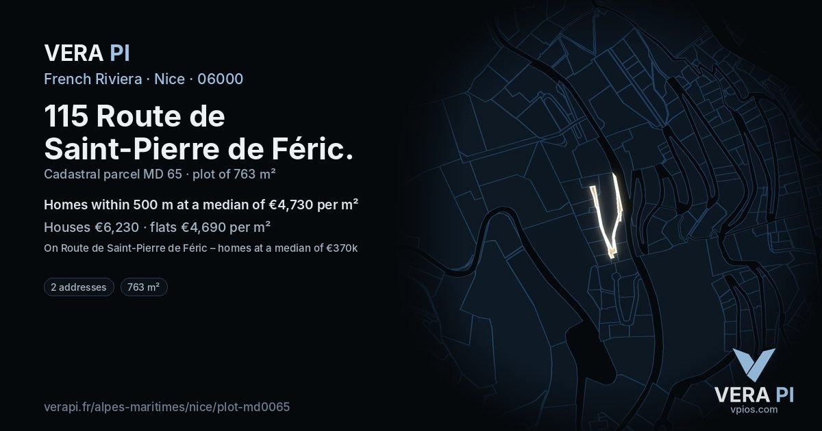 115 Route de Saint-Pierre de Féric, Nice at night – the plot lit, the parcels around coloured by the prices near them