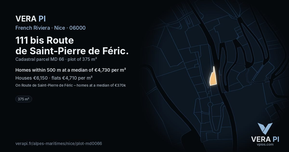 111 bis Route de Saint-Pierre de Féric, Nice at night – the plot lit, the parcels around coloured by the prices near them