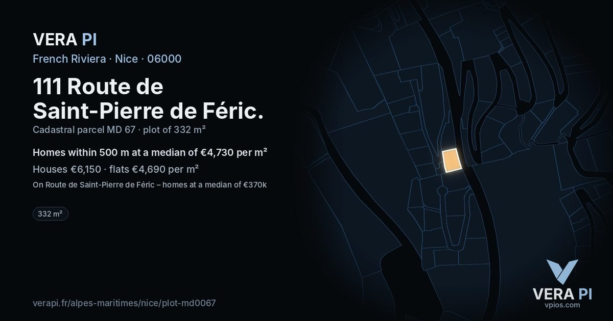 111 Route de Saint-Pierre de Féric, Nice at night – the plot lit, the parcels around coloured by the prices near them