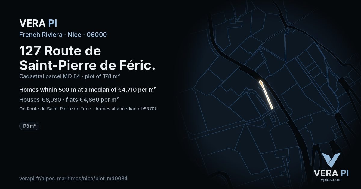 127 Route de Saint-Pierre de Féric, Nice at night – the plot lit, the parcels around coloured by the prices near them