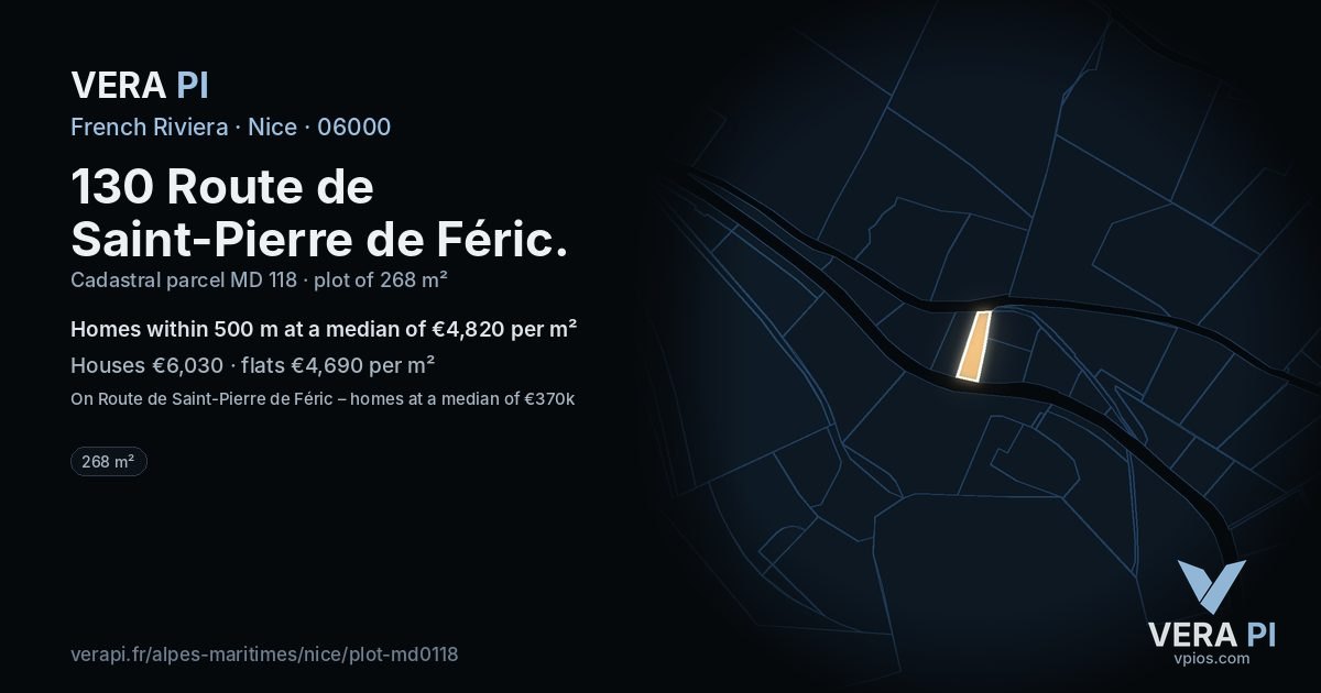 130 Route de Saint-Pierre de Féric, Nice at night – the plot lit, the parcels around coloured by the prices near them