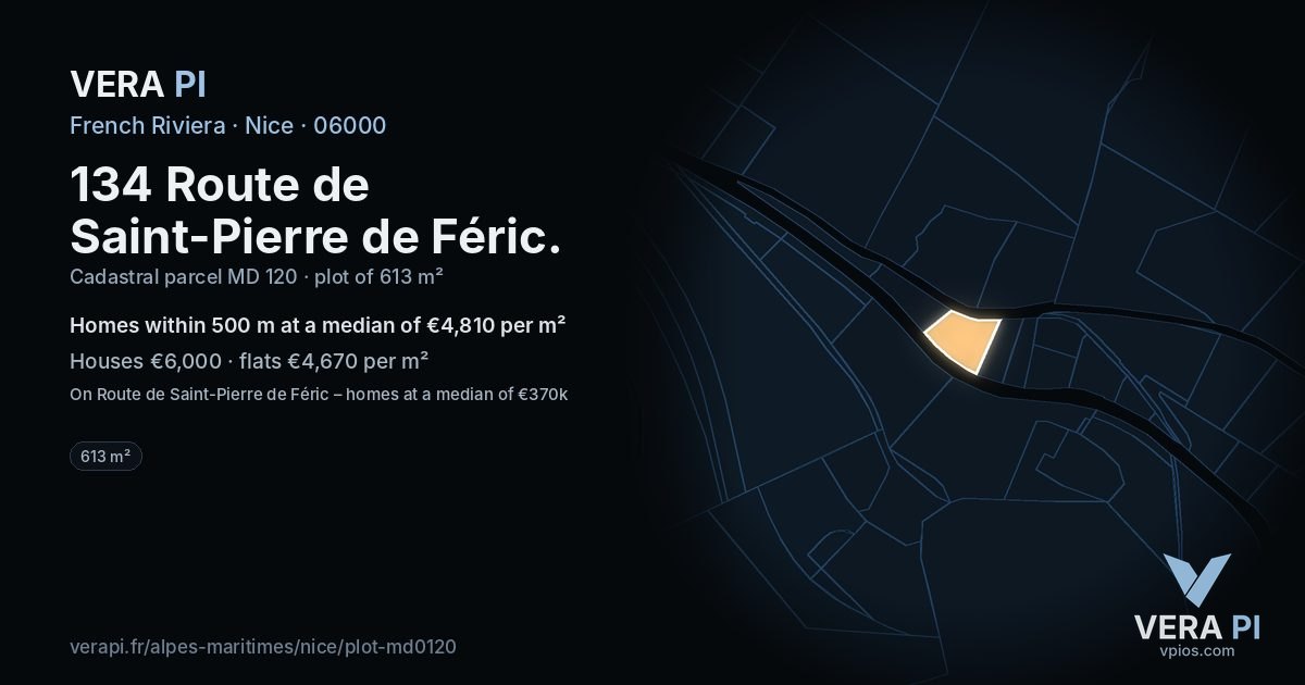 134 Route de Saint-Pierre de Féric, Nice at night – the plot lit, the parcels around coloured by the prices near them